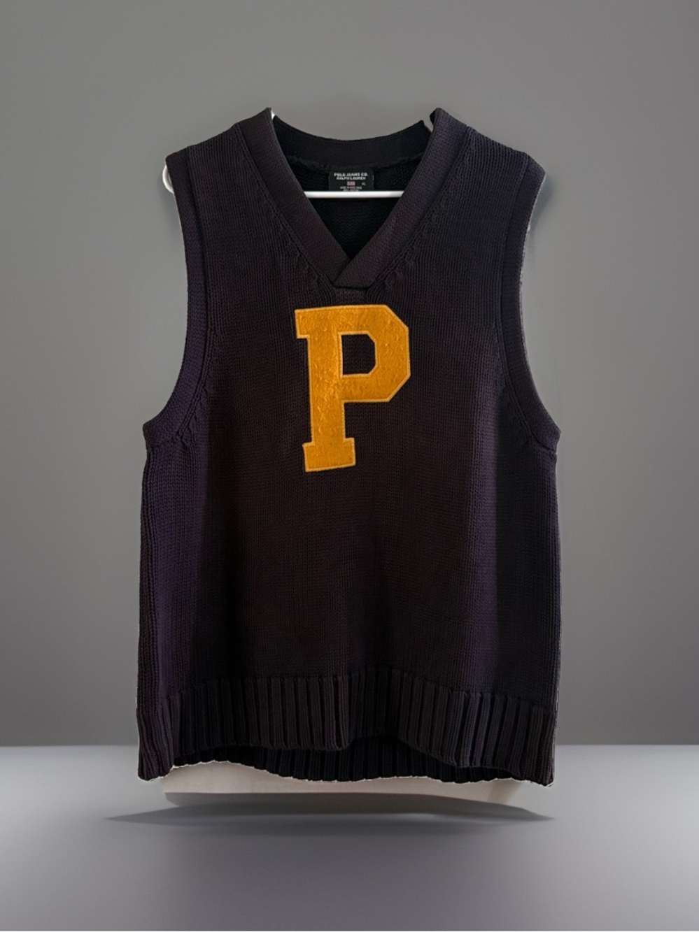 Vintage Polo Jeans Ralph Lauren XL Varsity P Sweater Vest Cotton Preppy 90s